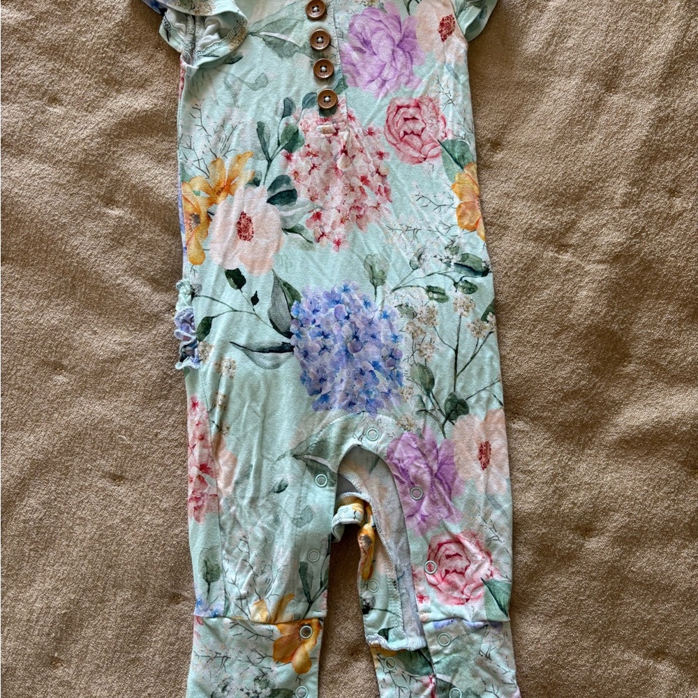 Posh Peanut Mint Floral Romper with Wooden Buttons